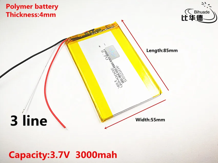 10 шт./лот 3 линии хорошего качества 3,7 в, 3000 мАч 405585 полимерный литий-ионный/литий-ионный аккумулятор для планшетных ПК банк, gps, mp3, mp4