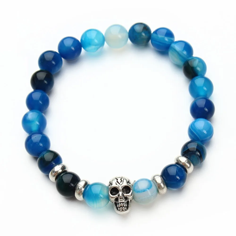 

Natural Stone Blue Created Beads Bracelets Bangle Antique Silver Color Skull Skeleton Charm Elastic Bracelet Fashion Jewelry
