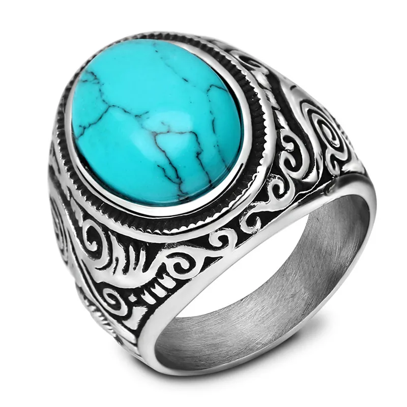 

LETAPI 2019 Fashion Huge Blue Onyx Stone Retro Jewelry Titanium Steel Ring Man's Ring Jewelry