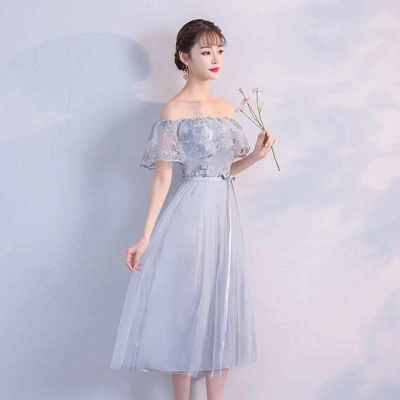 

Boat Neck Wedding Party Dress Bridesmaids Dresses Elegant Off The Shoulder Midi Dress Back of Bandage Grey Colour