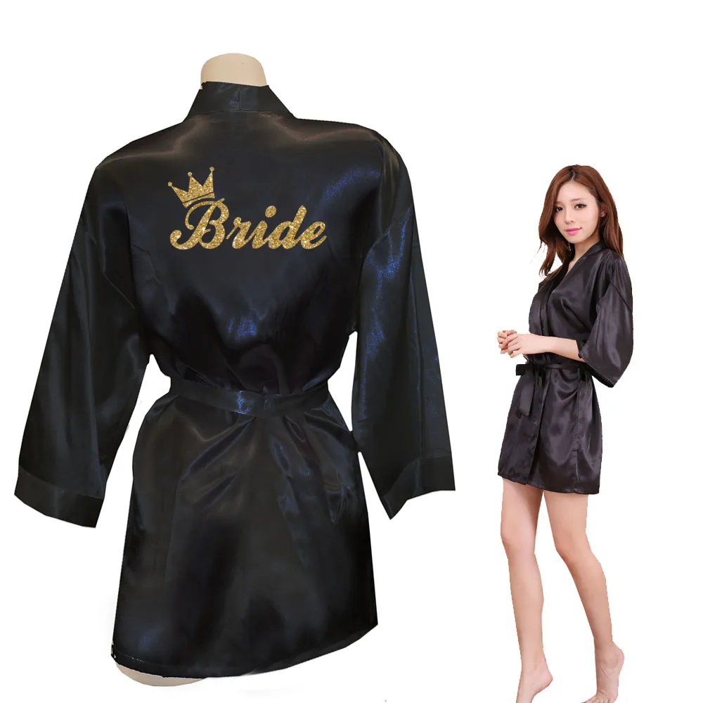 Women Bride Golden Glitter Print Kimono Robes Faux Silk Bachelorette Wedding Preparewear