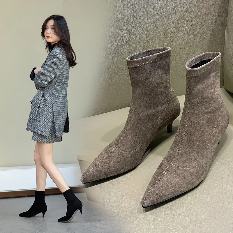 

Women ankle Boots 22-24.5 cm length autumn and winter Pointed stiletto elastic flannel ladies boots female+shoes women booties