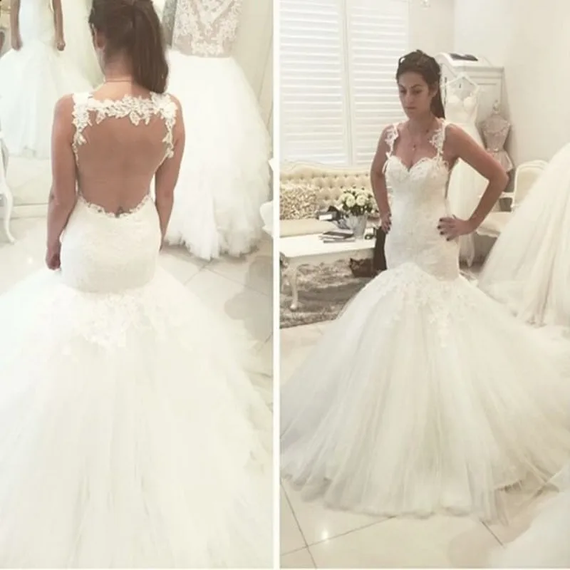 Mermaid Spaghetti Straps Lace Open Back Mermaid Wedding ...