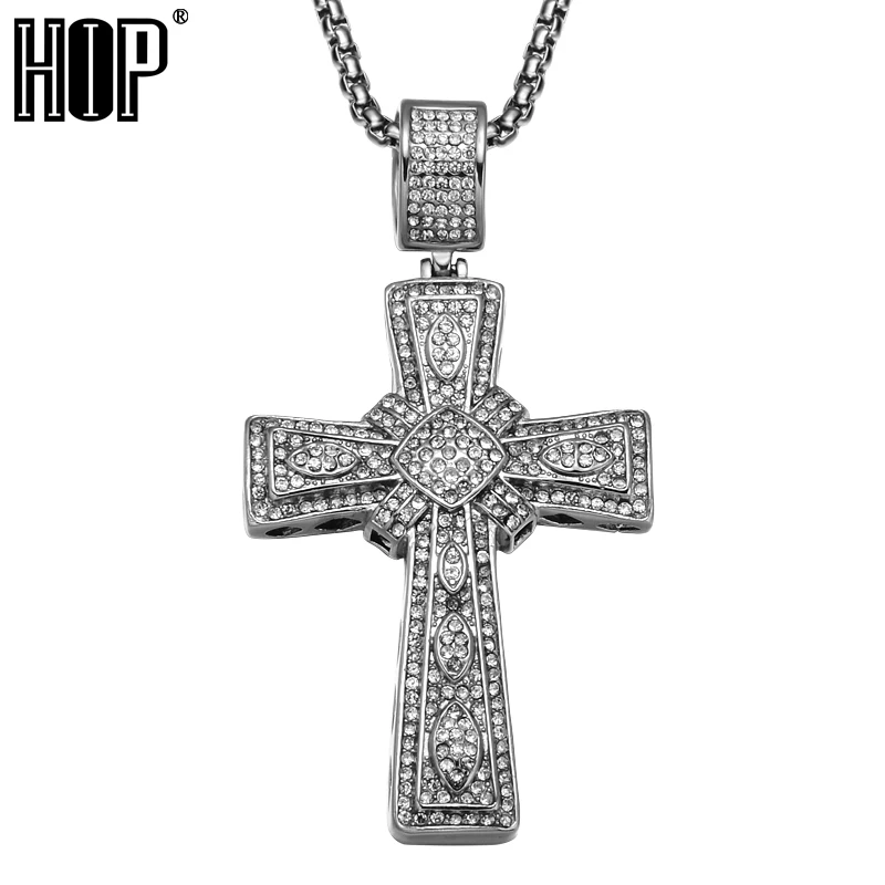 

HIP Hop Titanium Stainless Steel Full Micro Pave Rhinestone Iced Out Bling Cross Pendants Necklaces for Men Jewelry