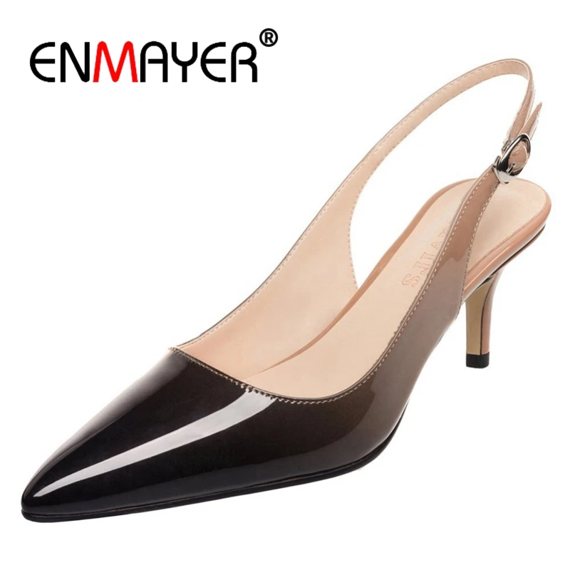 

ENMAYER Brand Women High Heels 2018 Pointed Toe Nude Black Gradient Patent 6.5 CM Stilettos Dress Wedding Shoes Size 34-45 CR817