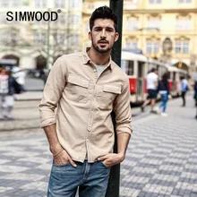 Мужская повседневная рубашка SIMWOOD, модная приталенная рубашка большого размера с квадратным воротником и длинными рукавами, брендовая одежда, модель 180309 на осень