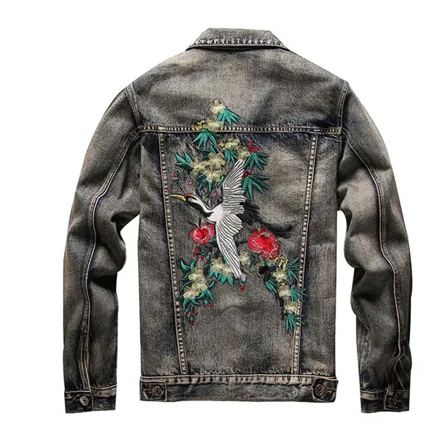 

Mcikkny New Fashion Men's Red-crowned Crane Embroidered Denim Jackets Slim Fit Casual Jeans Jacket Outwear For Male Streetwear