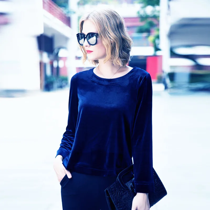 Fashion Women velvet shirt ,New Spring Autumn O-neck long sleeve Velvet blouse ,black blue velour striped sweater Sweaters