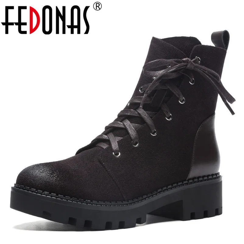 

FEDONAS Fashion Brand Women Ankle Boots Cow Suede Motorcycle Boots Thick High Heels Round Toe Zipper Warm Autumn Winter Shoes