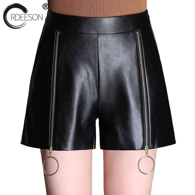ORDEESON Tow Zipper PU High Waist Women Leather Shorts Plus Size Shorts