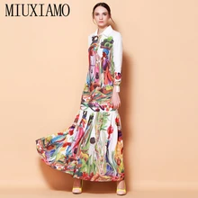 Alta calidad la más nueva manera Runway turn Abrigos de plumas collar Maxi Vestido de manga larga retro arte diseñador impreso