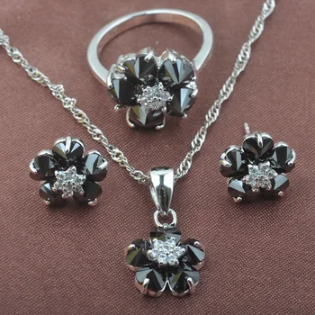 

Women's Silver Color Jewelry Sets For Women Necklace And Earrings Ring Set New Flower Black Zirconia Wedding Costume TZ0539