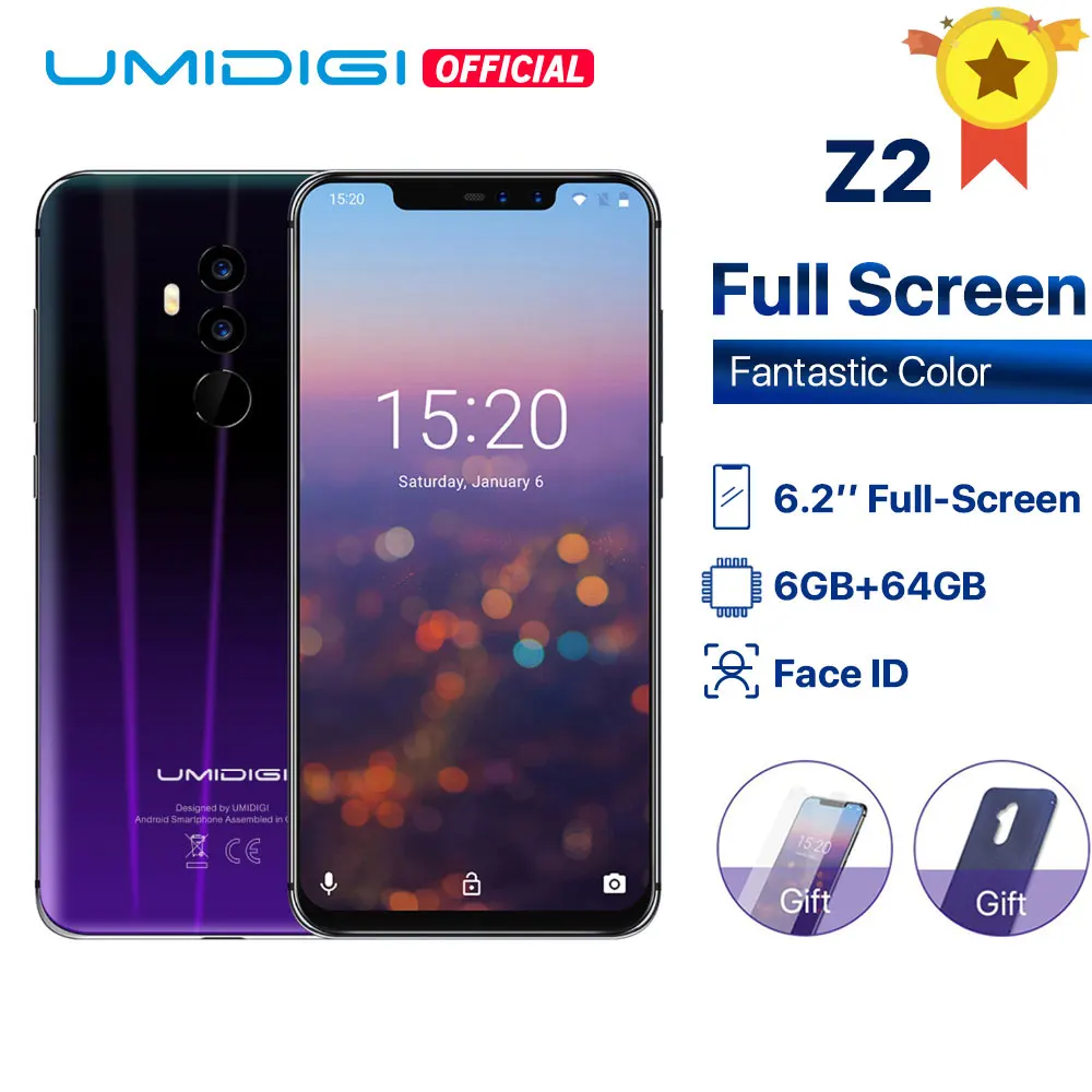 Бесплатный Uwatch в подарок UMIDIGI Z2 глобальная версия 6," 6 ГБ 64 Гб FHD+ полный экран Helio P23 Android 8,1 3850 мАч Face ID 4G смартфон