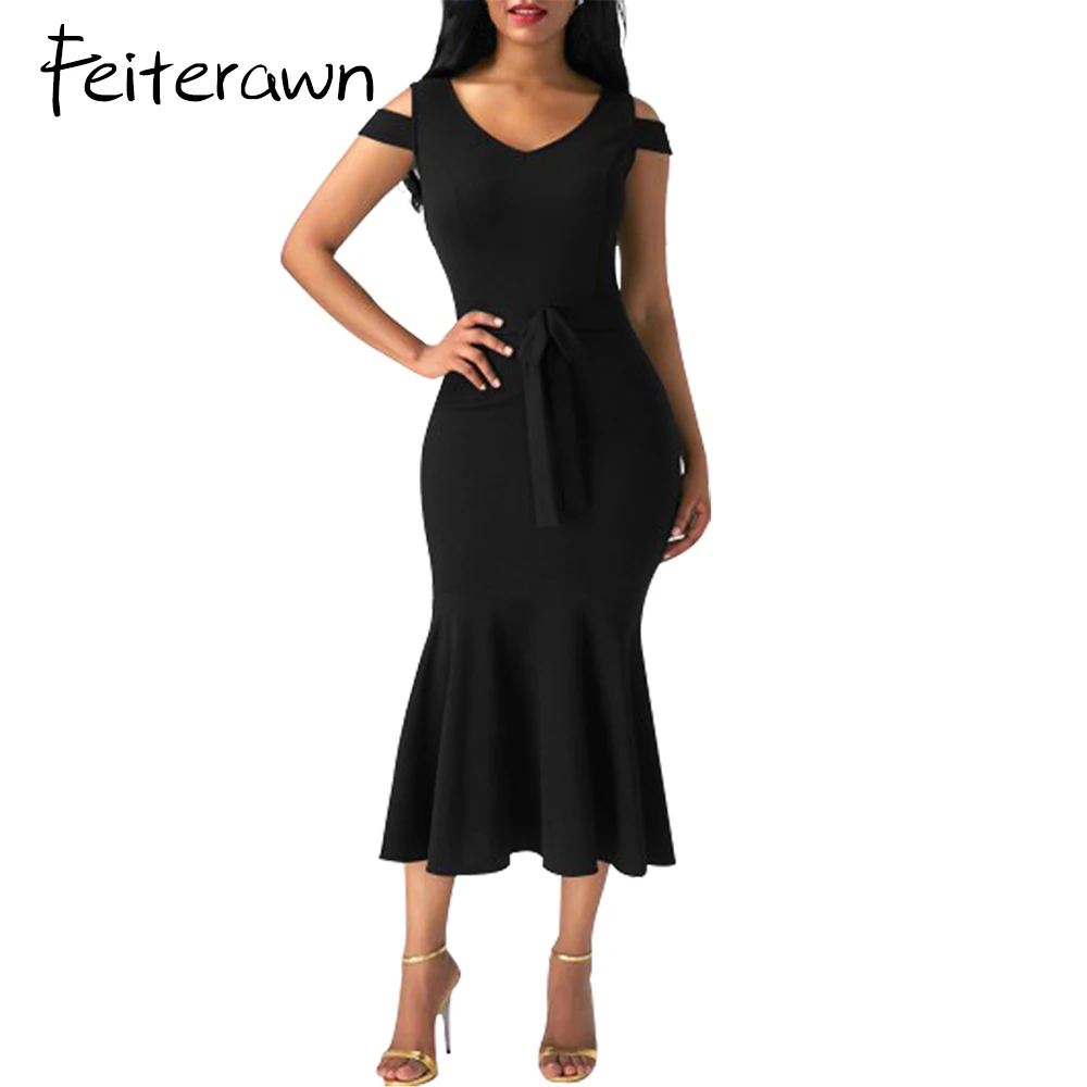 Feiterawn Women Dresses Work Wear Formal Red Cold Shoulder Bow Detail