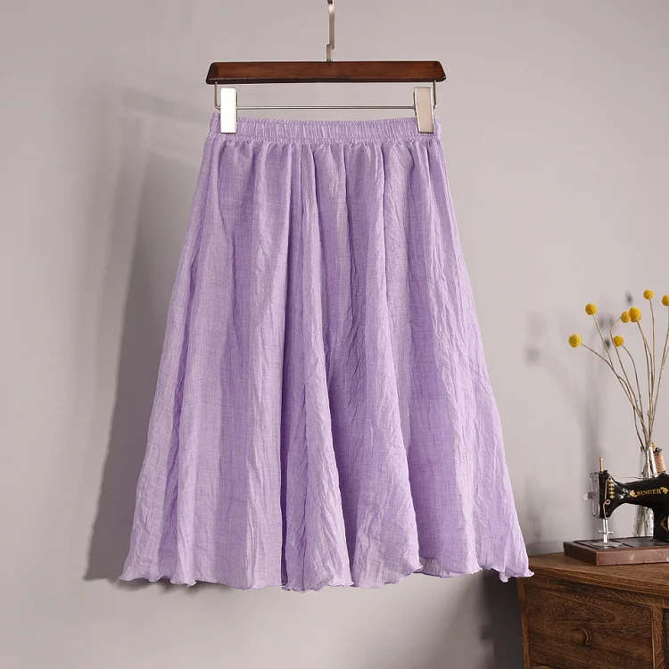 Новая мода Женские винтажные 11 цветов льняные Плиссированные Миди юбки с высокой талией Элегантные женские тонкие юбки с эластичным поясом Saias SK06 - Цвет: Лаванда