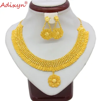 

Adixyn India Necklace/Earrings Jewelry Set For Women/Girls Gold Color/Brass African/Ethiopian/Dubai Wedding Gifts N10316
