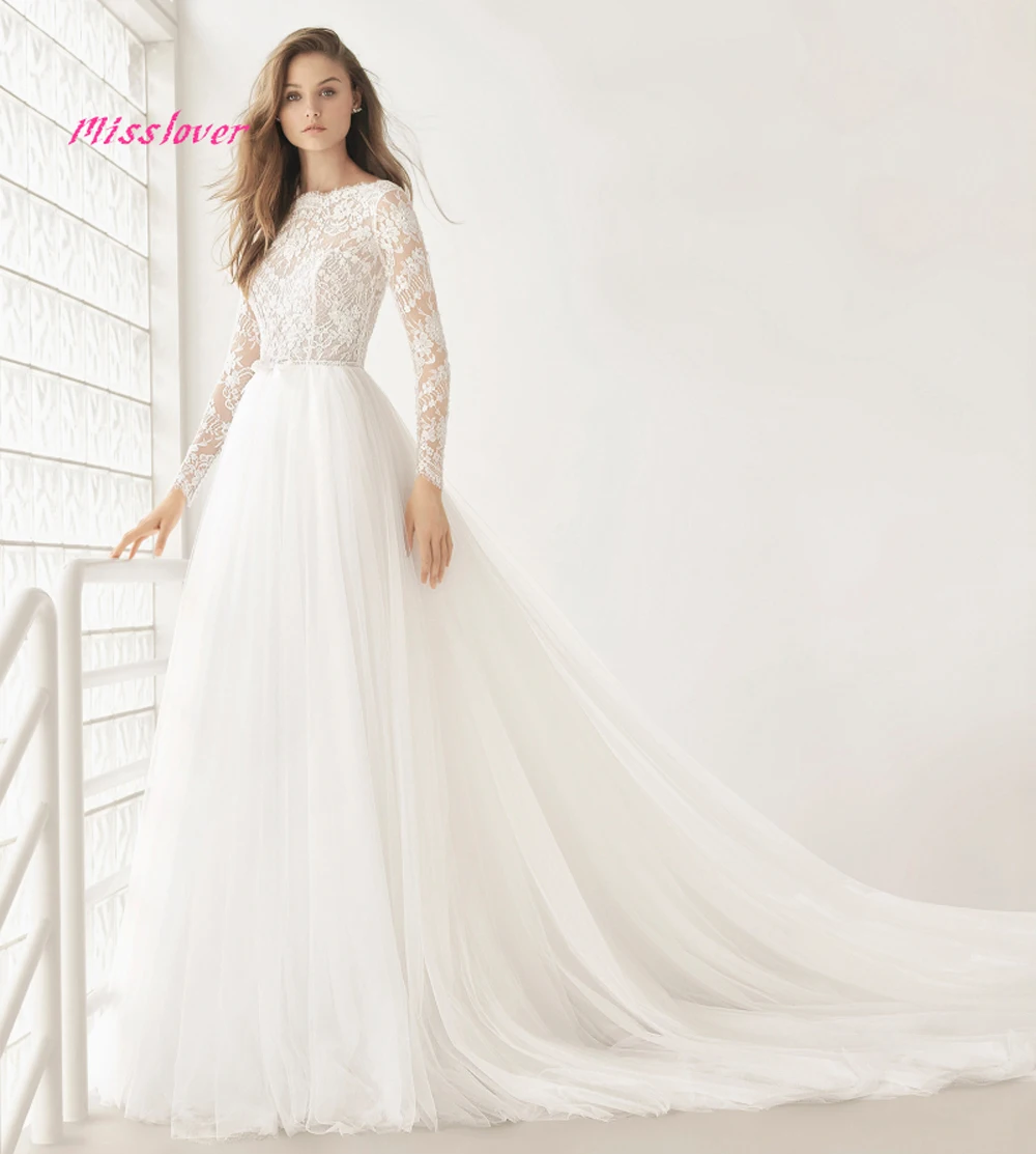 

Vestido De Noiva 2019 new Simlple and Vintage Long Sleeve Bridal Gow Tulle lace A-Line Wedding Dresses Court Train