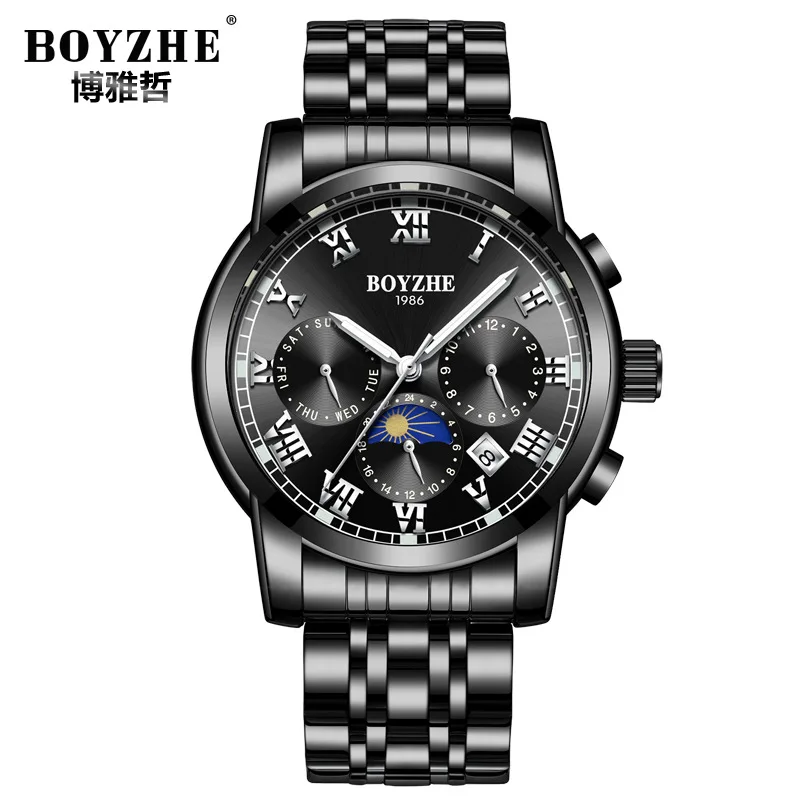 

luxury brand boyzhe man watches black blue stainless steel mens wristwatches mechanical Automatic waterproof Moon Phase calendar
