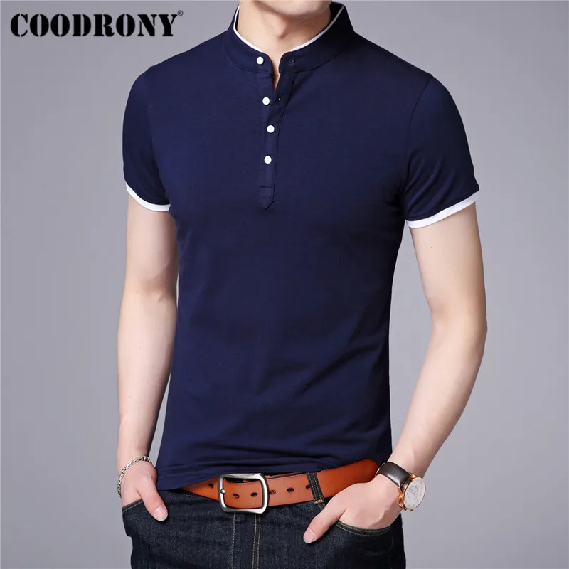 Baratos Camiseta de manga corta de algodón COODRONY ropa de hombre 2019 verano Casual de negocios con cuello mandarín camiseta de hombre que combina con todo S95092