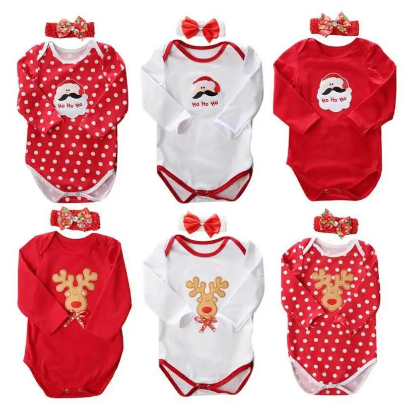 

Newborn Infant Baby Girl Boy Bodysuits Christmas Santa Claus Reindeer Print Jumpsuit Long Sleeve Outfits Clothes with Headband