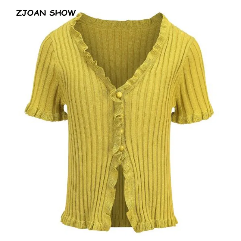 Economici AA Sexy Legno orecchie Aperte Bottoni con scollo a V manica Corta Tee Nuove Donne Ha Lavorato A Maglia t shirt Aderente Anteriore Della Fessura Crop magliette e camicette Maglieria 8 colori