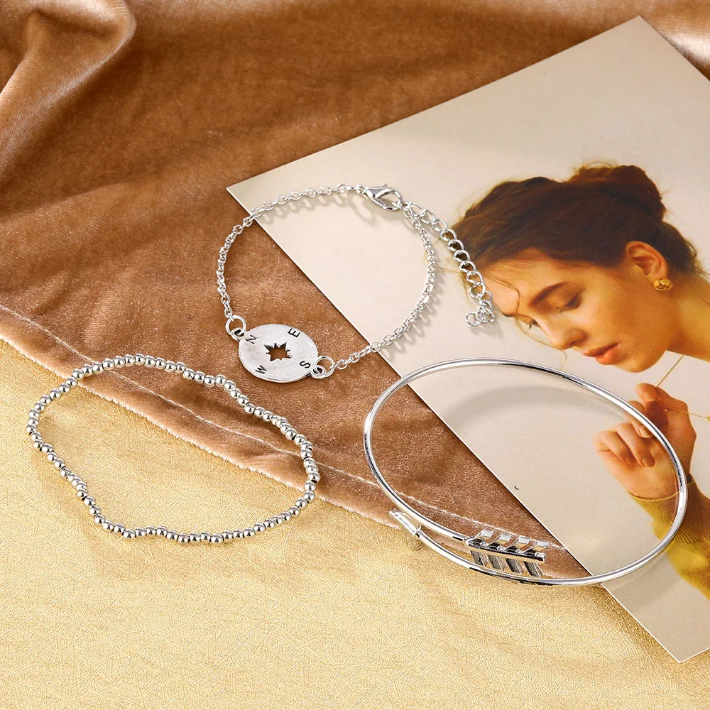 IPARAM 3 шт./компл. в богемном стиле полые стрелка бусины компас брелок серебряные Многослойные браслет Для женщин изысканный, очаровательный, ювелирное изделие, подарок