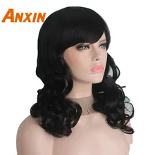 Anxin длинные глубокая волна парик 18 ''черный с челкой Для женщин химическое вечерние Косплэй парик