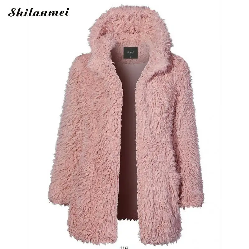 Женское розовое пальто с искусственным мехом, мода, открытая передняя часть, однотонный Повседневный Кардиган для девушек, зимняя куртка с длинным рукавом и капюшоном из искусственного меха