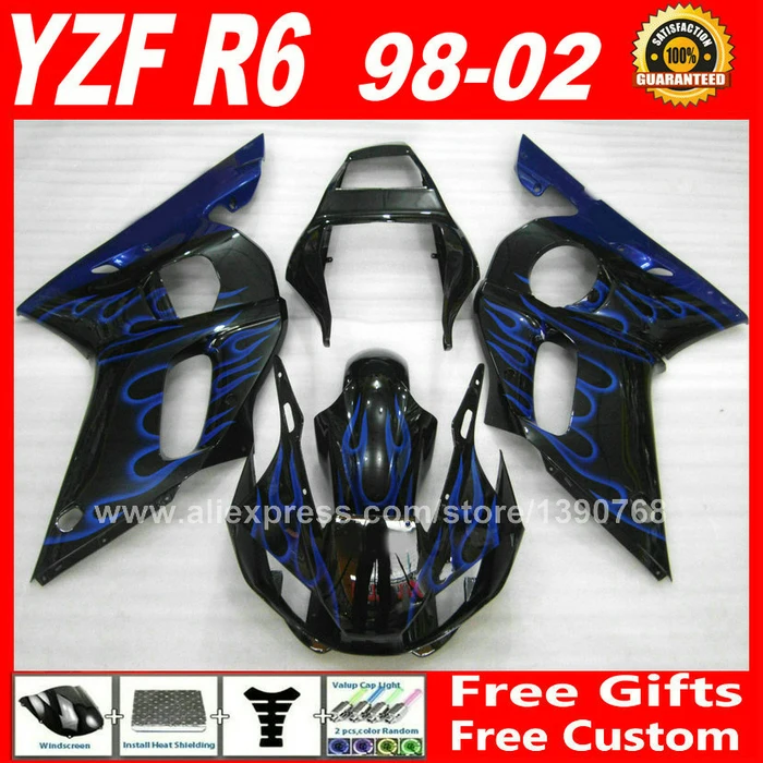 Синий Пламя Обтекатели fit для YAMAHA YZF R6 1998 2002 пластиковых деталей yzfr6 1999 2000 2001 98 99 00 01