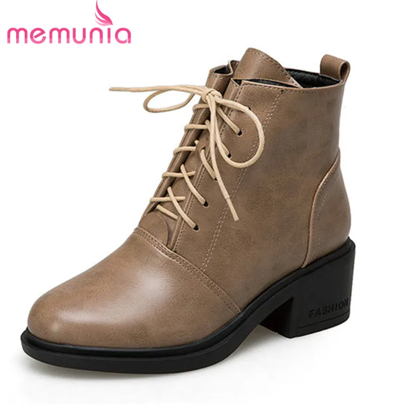 

MEMUNIA 2020 new arrival ankle boots top quality pu lace up autumn winter booties square heels comfortable casual shoes woman