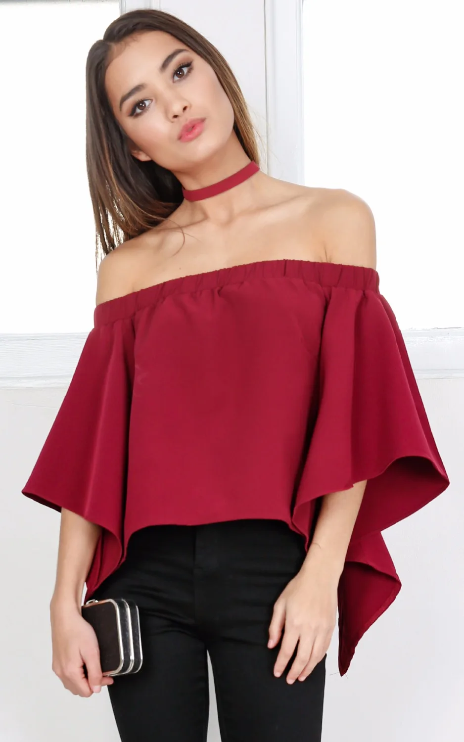 Sexy Wine Red Cropped T Shirt Slash Neck Ruffle Sleeve T Shirt Women