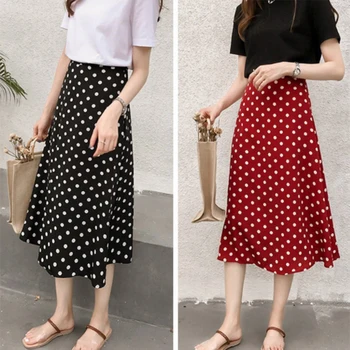 

Vintage Black White Red Women Summer Skirt Korean Streetwear Polka Dot Slim High Waist A Line Chiffon Long Skirt