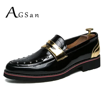 

AGSan Men Rivet Loafers Designer Penny Loafers Gold Silver Mens Wedding Shoes Pointed Toe Dress Loafers PU Leather Casual Shoes