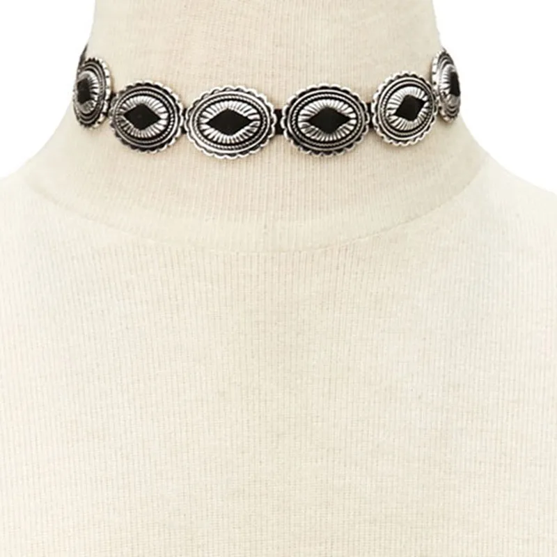 Богемное черное ожерелье-чокер с цепочкой в виде цветка, женское модное винтажное античное серебряное/золотое ожерелье