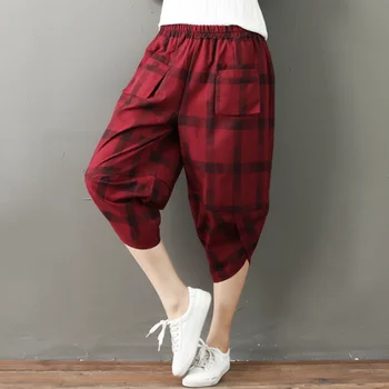 

Plus Size 3XL Elastic Casual Plaid Women High Elastic Waist Cotton Shorts With Pocket Shorts Women Vintage Knee Length Summer