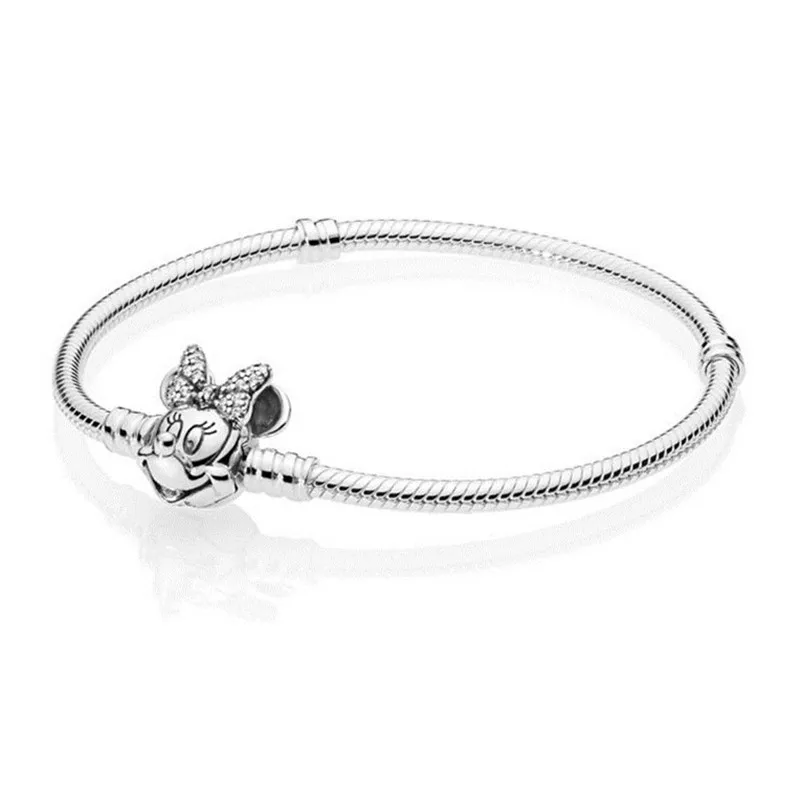 

2019 New 925 Sterling Silver Bead Charm Snake Chain Fit Original Shimmering Minnie Portrait Pandora Moments Bracelet For Women