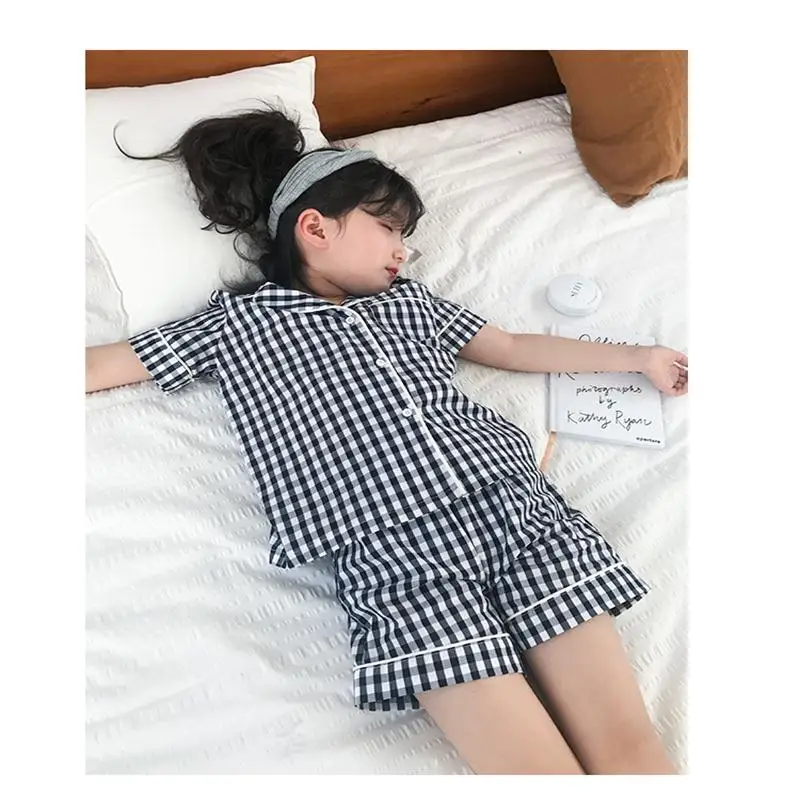 

Baby girl suit summer new children's cotton short-sleeved home service boy thin section lattice pajamas sleep pants two-piece