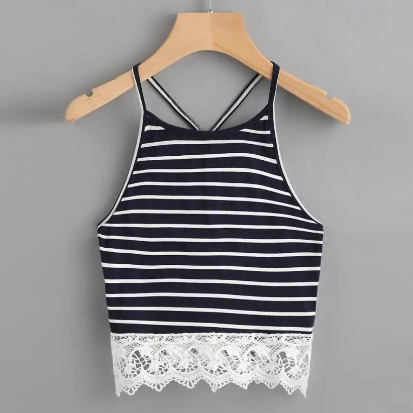 

KANCOOLD tops high quality Casual Stripe Sleeveless Crop Lace Top Vest Tank t-Shirt summer tops for women 2018 ap27