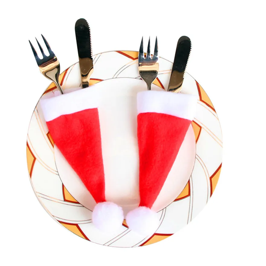 10PCS Christmas Caps Cutlery Holder Fork Spoon Pocket Christmas Decor Bag creative gifts#1102