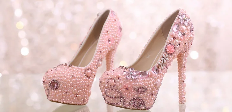 18_Pearl Diamond White Bridal Wedding Shoes Red Platform Super High Heels Woman Elegant Free Shipping Size 40