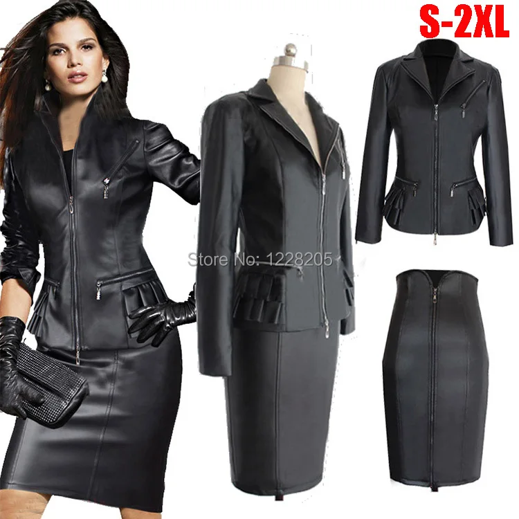 Women skirt suit Faux Leather Slim PU leather motorcycle