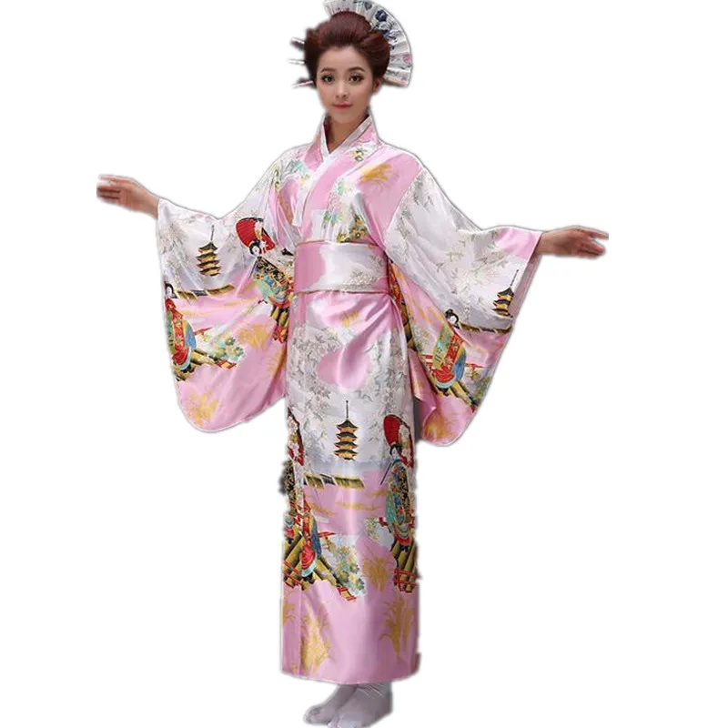 

Pink Woman Lady Japanese Tradition Yukata Kimono With Obi Flower Vintage Evening Dress Cosplay Costume One size