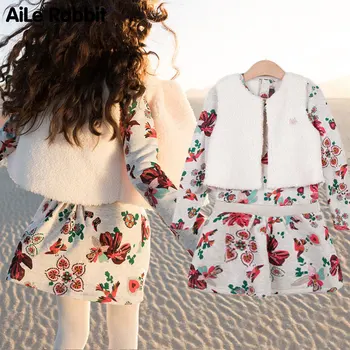 

AiLe Rabbit 2019 spring autumn new girls dress imitation fur vest floral dress 2 pieces of clothes Flower dress child for girls