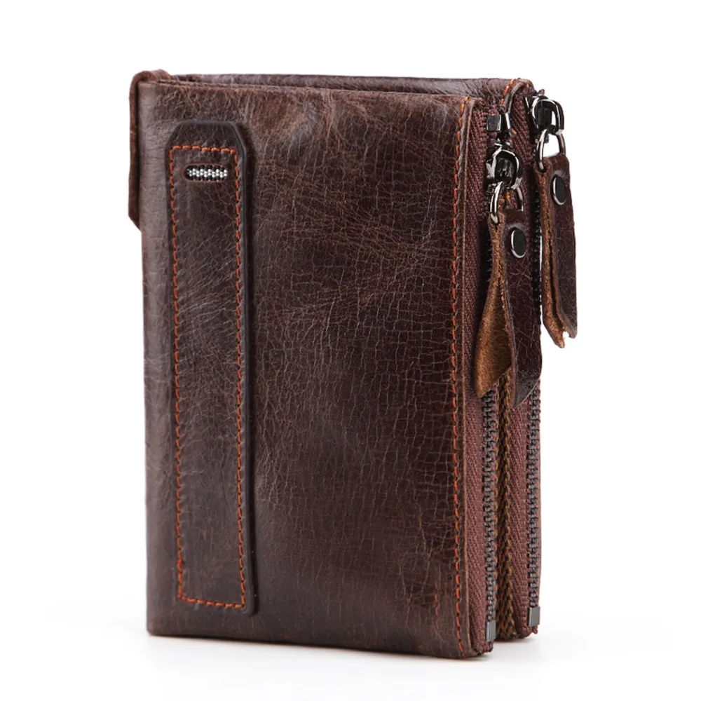 Men's wallet leather short coin coin purse oil wax leather double zipper purse first layer leather wallet fashion brand 341
