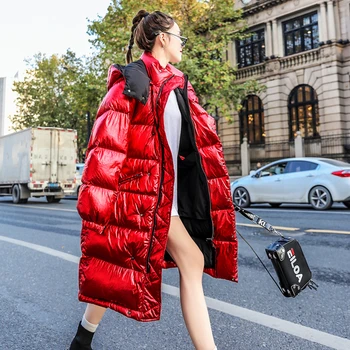 

Winter Red Bright Down Parkas Women Long Hooded Down Cotton Jacket Coat Female Loose Warm Down Cotton Coats Womens Cotton Coat