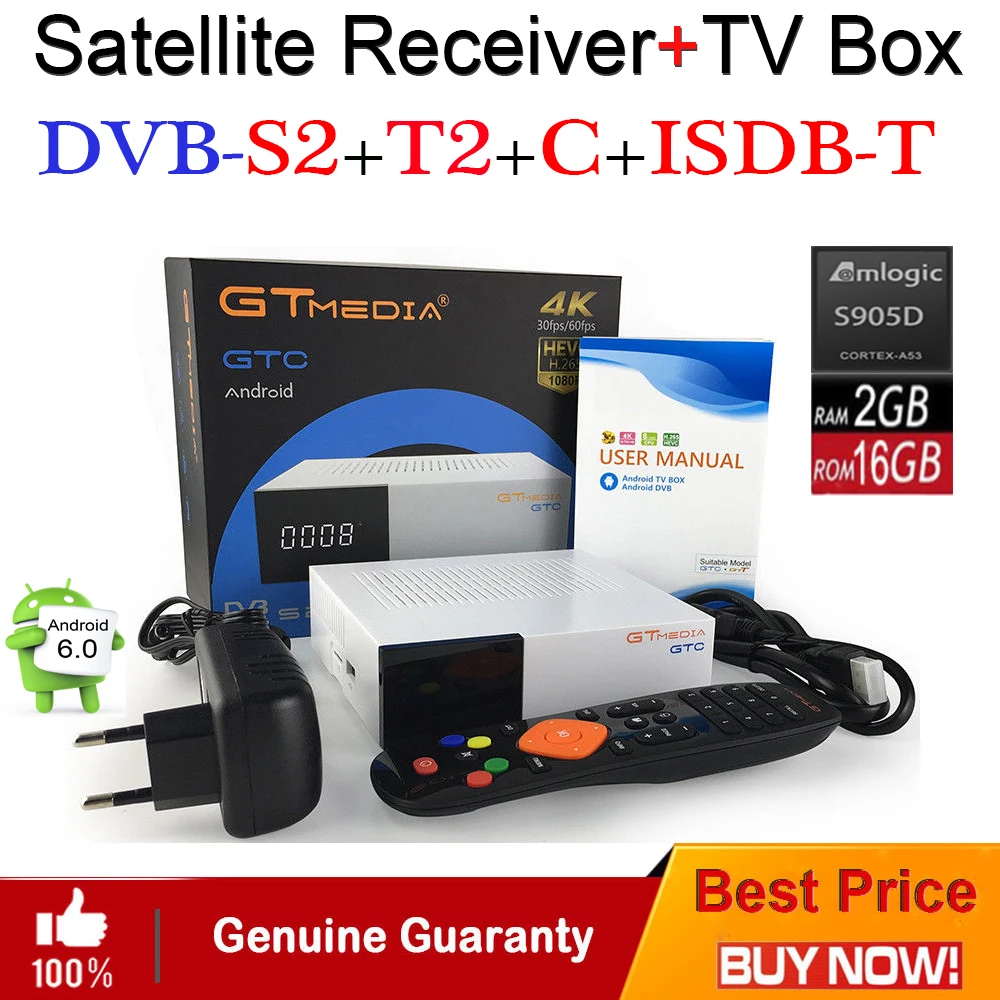 

GTmedia GTC Android 6.0 4K TV BOX Combo Satellite Receiver DVB-S2/T2/Cable/ISDBT Freesat GTC Amlogic S905D 2GB+16GB Wifi 2.4G