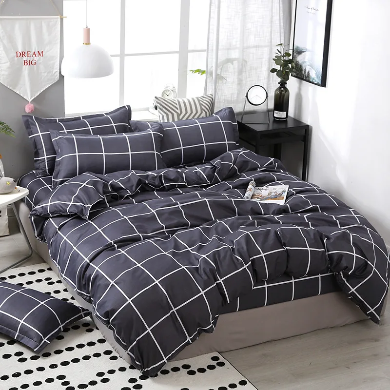  3/4pcs/Set Geometric Pattern Cotton Comforter Bedding Set Black Bed Linen Duvet Cover Set Grey No F