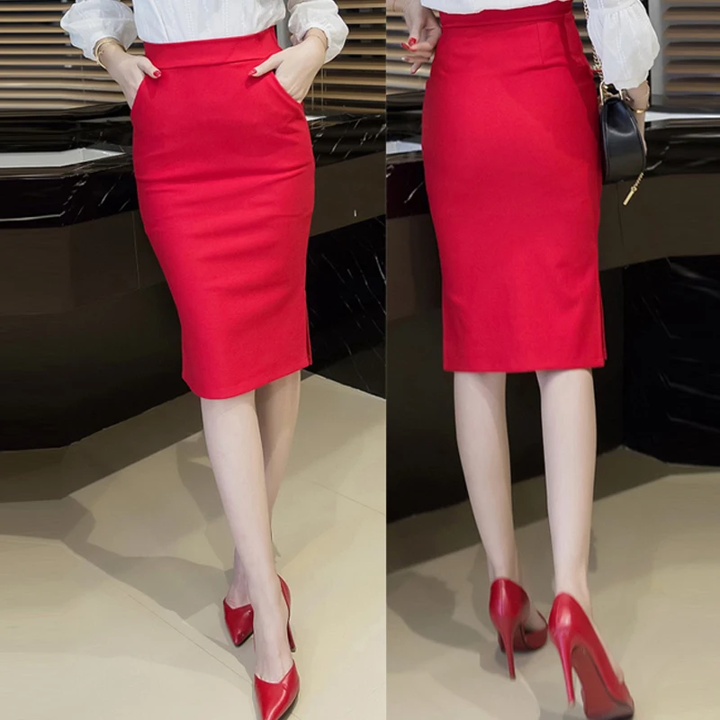 Элегантные женские юбки-карандаш с высокой талией, большие размеры, облегающая женская офисная юбка с открытым разрезом, Повседневная приталенная юбка до колена с карманами