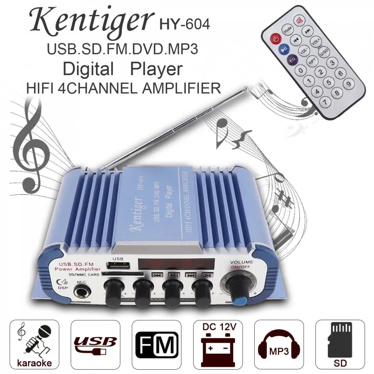 Kentiger 12 в Hi-Fi Авто аудио усилитель мощности fm-радио плеер функция реверберации Поддержка USB SD DVD с пультом дистанционного управления
