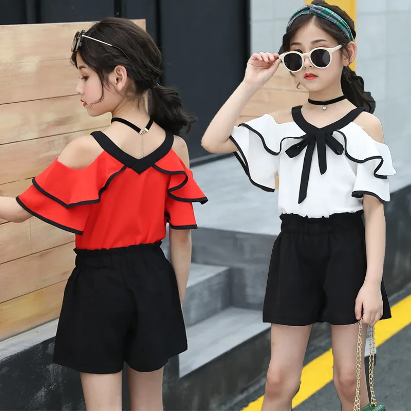 

kids clothes Girls summer suit 2019 new girls skirt skirt strapless V-neck bat sleeve shirt black skirt pants girls suit